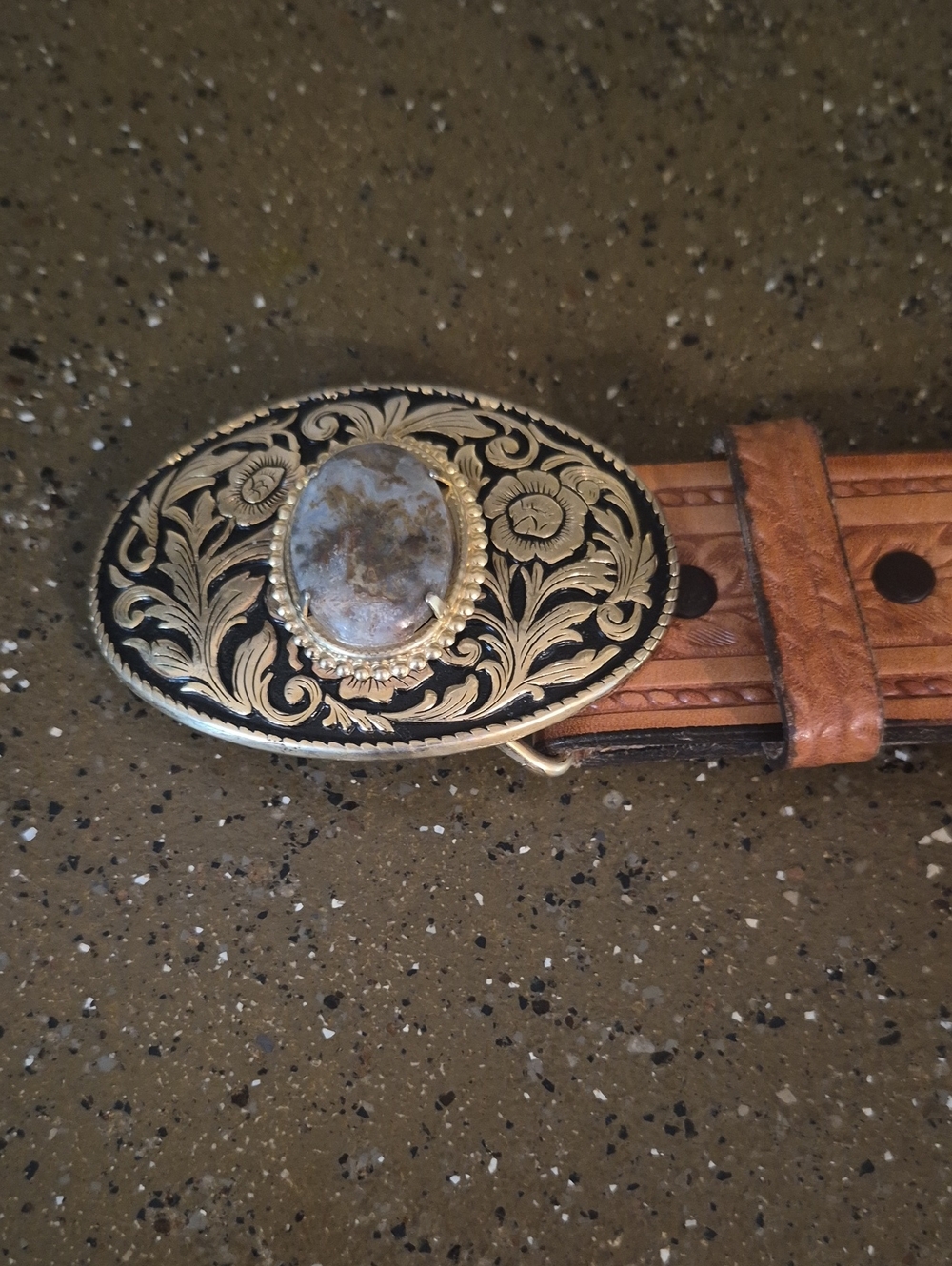 Western Floral Engraved Oval Belt Buckle with Stone Accent - Brown